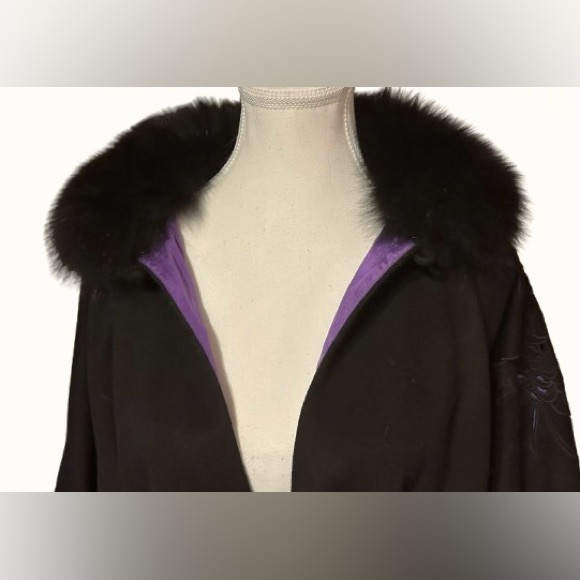 Kimono Wool Fur Cape Glamorous Jacket Black Purple Jacket Floral Vintage Large - Picture 2 of 16